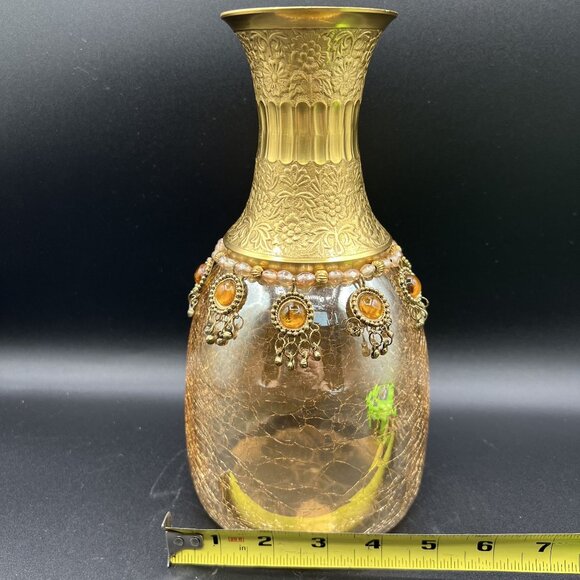 Vintage Handcrafted Brass Floral Etched Neck Ornate Amber Crackle Glass Vase - Picture 12 of 13